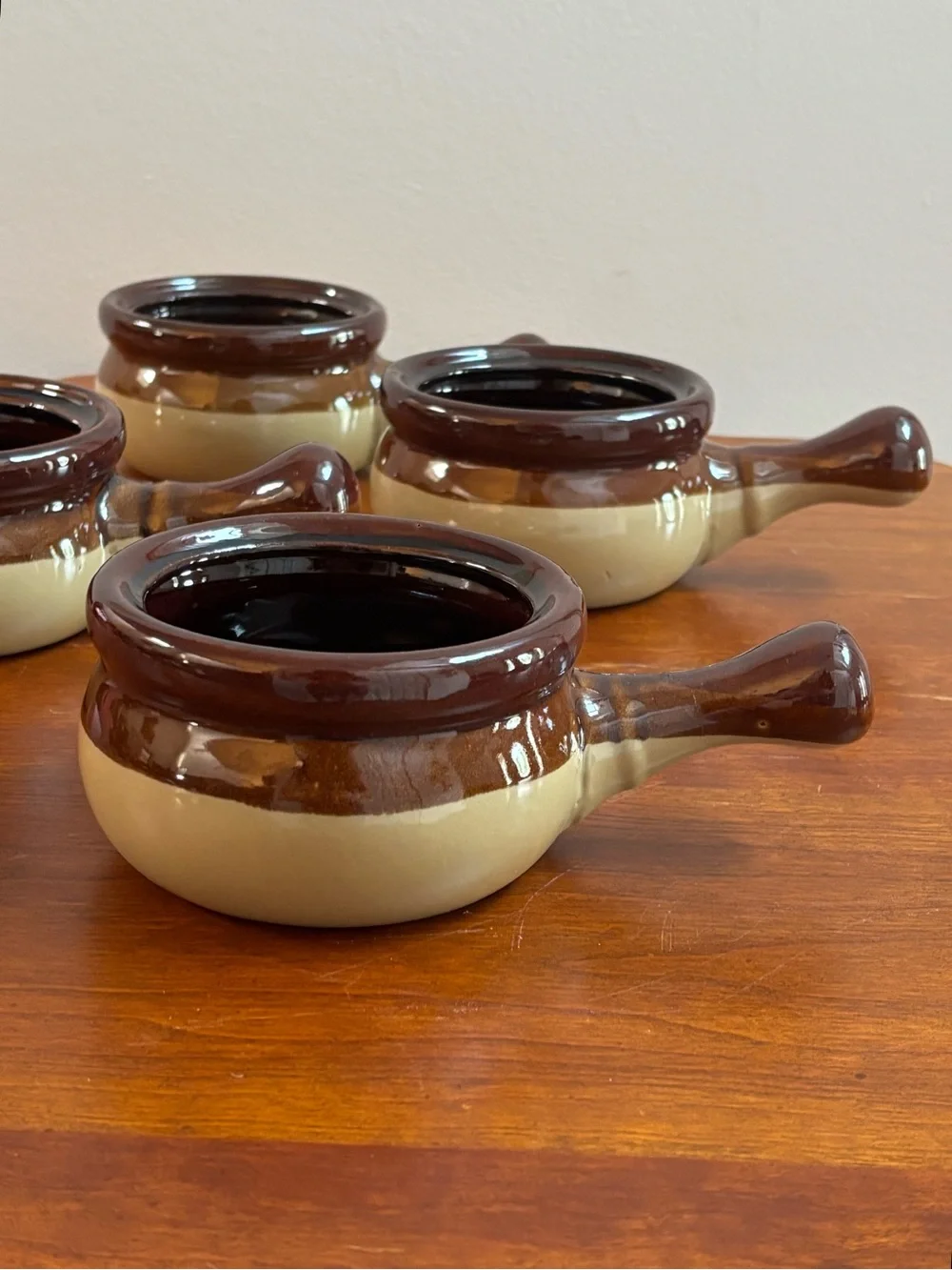 Vintage 1970's Set of 4 Earthenware Soup Bowls with Handles and Multi Tone Glaze